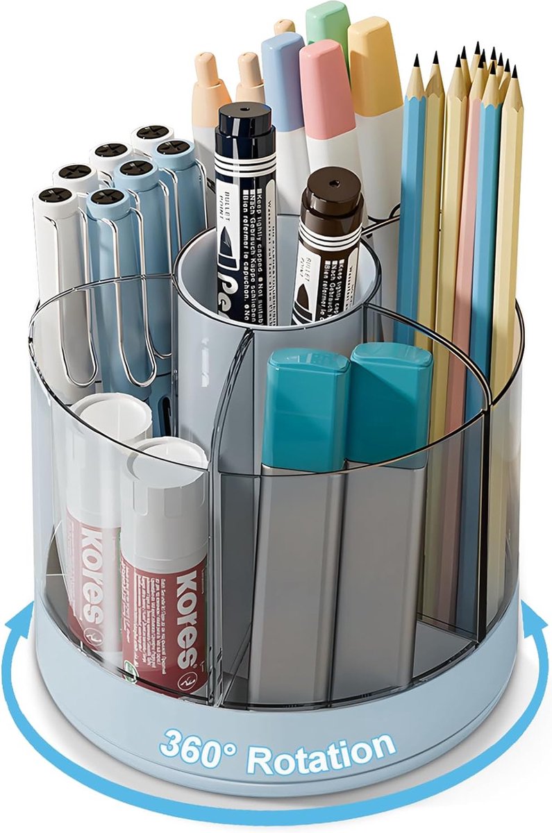 Pennenhouder, bureau-organizer, draaibaar, 360 graden draaibare pennenhouder voor kinderen, met 6 afneembare vakken, pennen en make-up-organizer voor school, kantoor en thuis, blauw