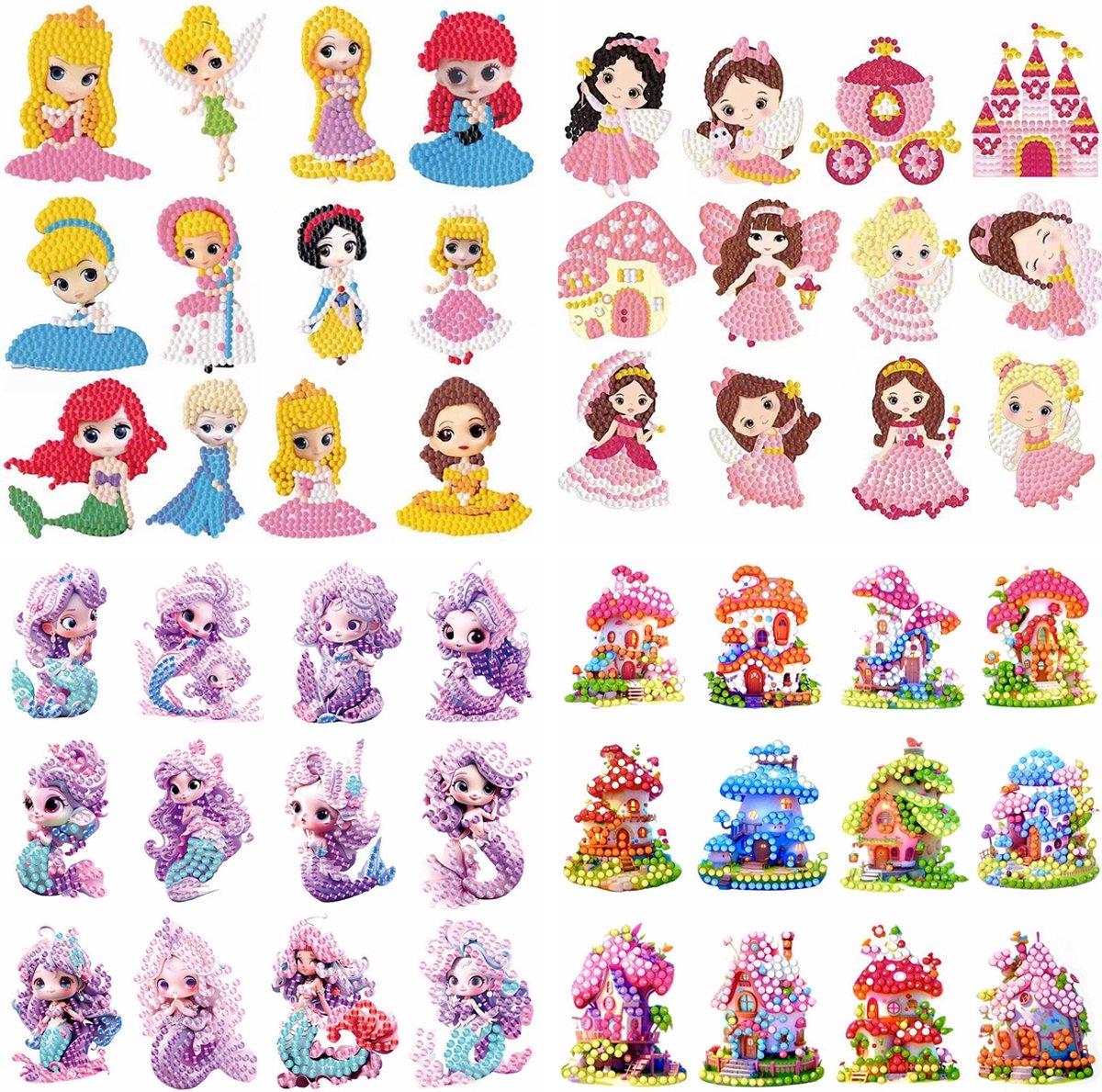 48 PCS Diamond Painting Kit/DIY Diamond Sticker Kit voor kinderen/Diamantschilderij/Kinderpatroon Zeemeermin-Prinses Kasteel-Paddestoel Huis Mozaïek Foto