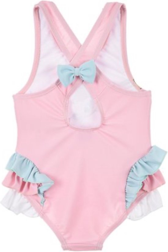Roze Disney badpak met gekruiste bandjes, een strikje op de rug en ruches.
