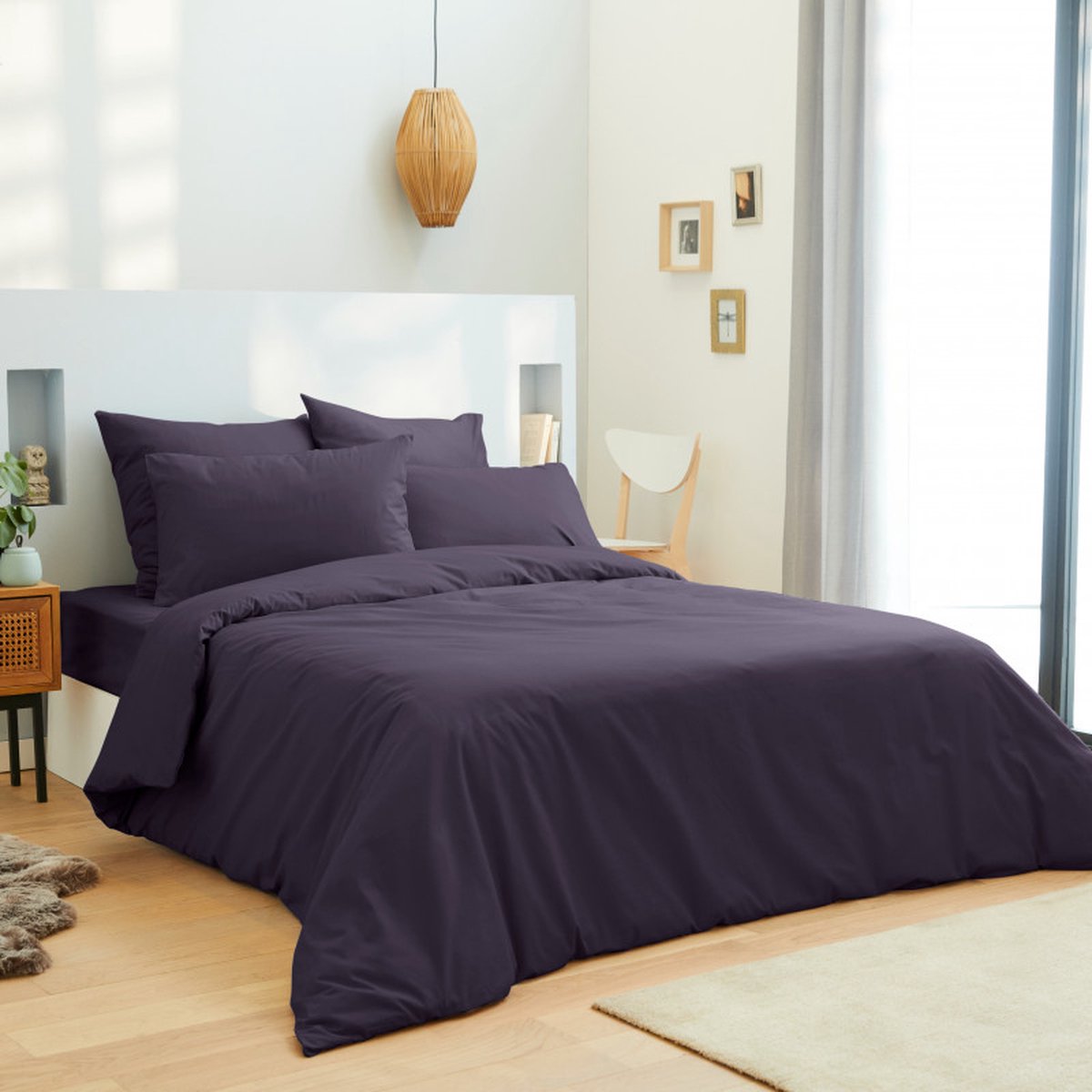 Univers Décor - Housse de couette 240 x 220 unie prune 100% Coton / 57 Fils/cm²