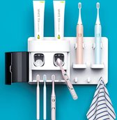 Distributeur automatique de dentifrice mural avec couvercle anti-poussière et 2 presse tandpasta, 2 porte-brosses à dents électriques et 4 emplacements pour organisateur de brosse à dents