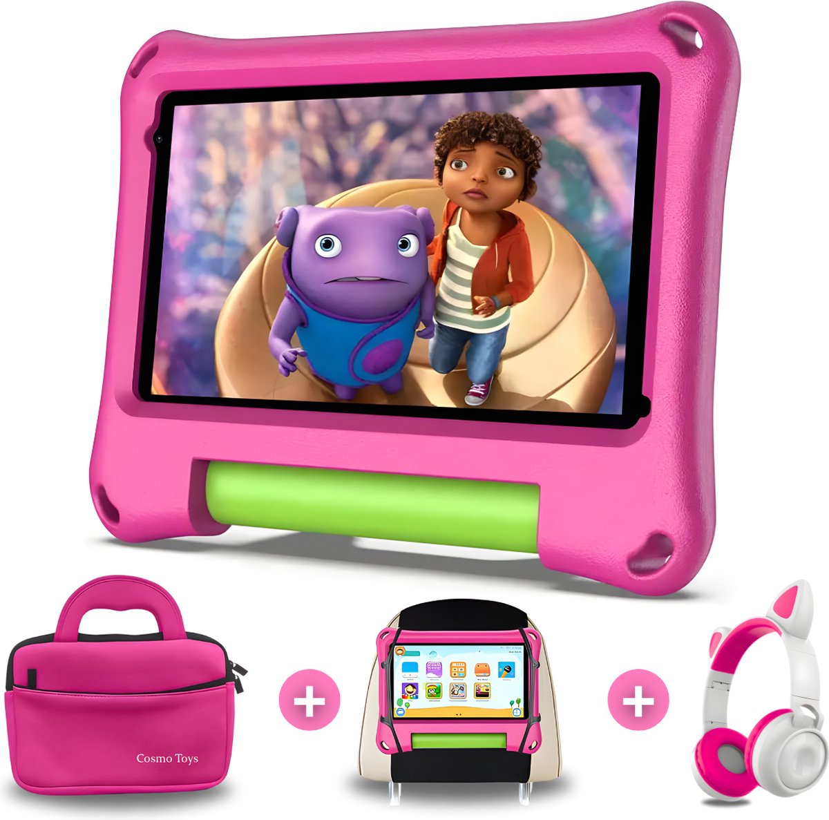 CosmoToys® Kids Tablet - Incl. Koptelefoon + Luxe Opbergtas + Tablethouder Auto - Kindertablet - Tablet Kinderen - Vanaf 3 Jaar - 7 Inch - Android 11 - Ouderlijk Toezicht - 3000 mAh - Roze