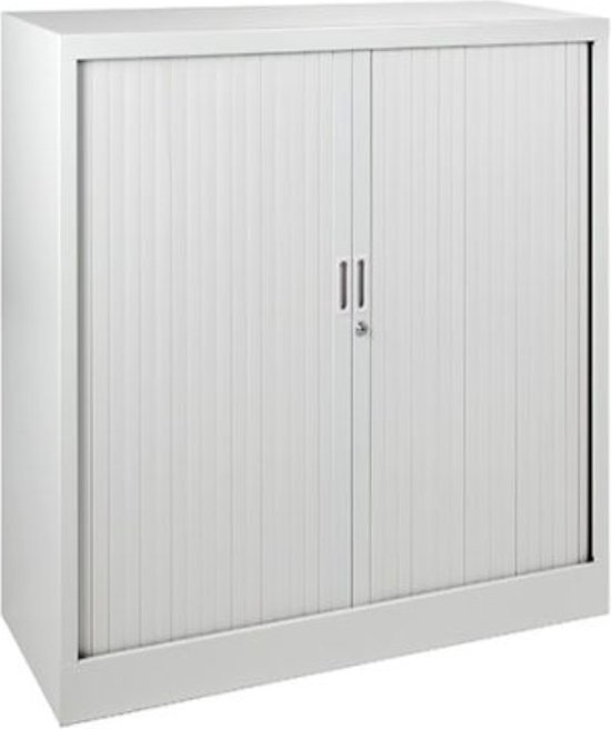Witte archiefkast met twee deuren met rolroldeur, met handvatten en slot. 105x120x45 cm.