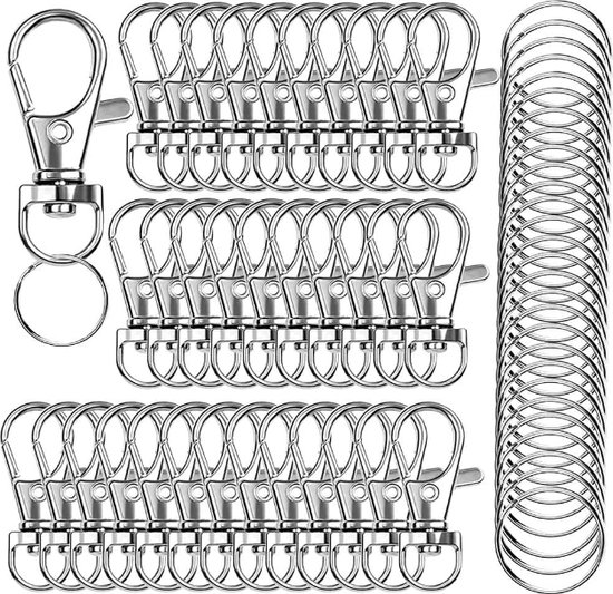 &ERGY Karabijnhaak met sleutelringen 20 mm zilver (50 stuks) | Sleutelring voor sleutelhanger | Splitringen | Metalen ring hobby | Sleutellabels | 2024