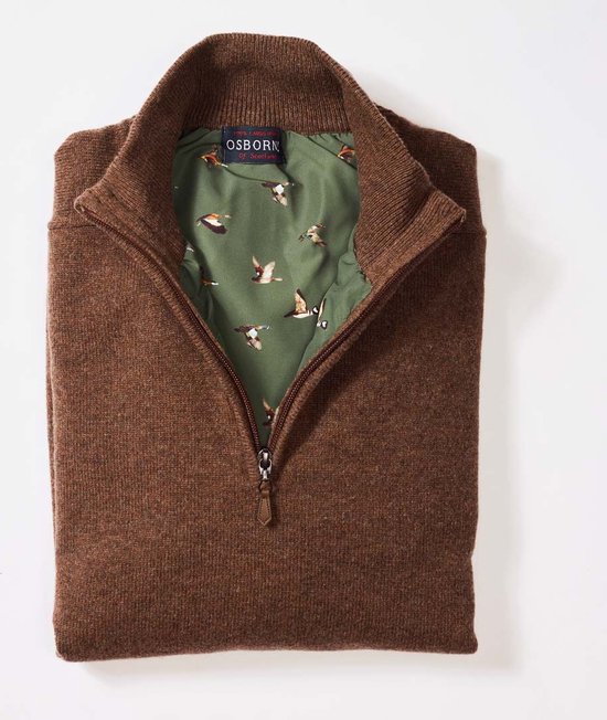 Osborne Knitwear Windstopper trui met halve rits heren - Sweater heren in Lamswol - Pullover Heren - Tobacco - Voering met eendenprint - 2XL