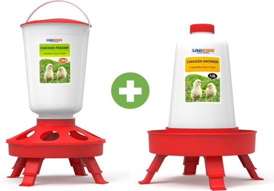 UniEgg® Slimme voerbak 1,5 kg + drinkbak 1,5 liter (Rood) - automatisch en innovatief - met 3 standen - drinkbak voor kuikens kip, kwartel en ander pluimvee of gevogelte