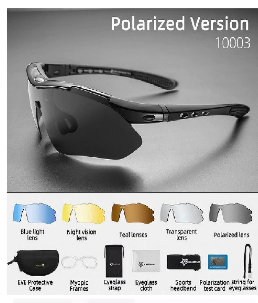 Velox Gepolariseerde Fietsbril - Sportbril - Inclusief 5 Verwisselbare Lenzen + Draagtas met Accessoires - ZWART