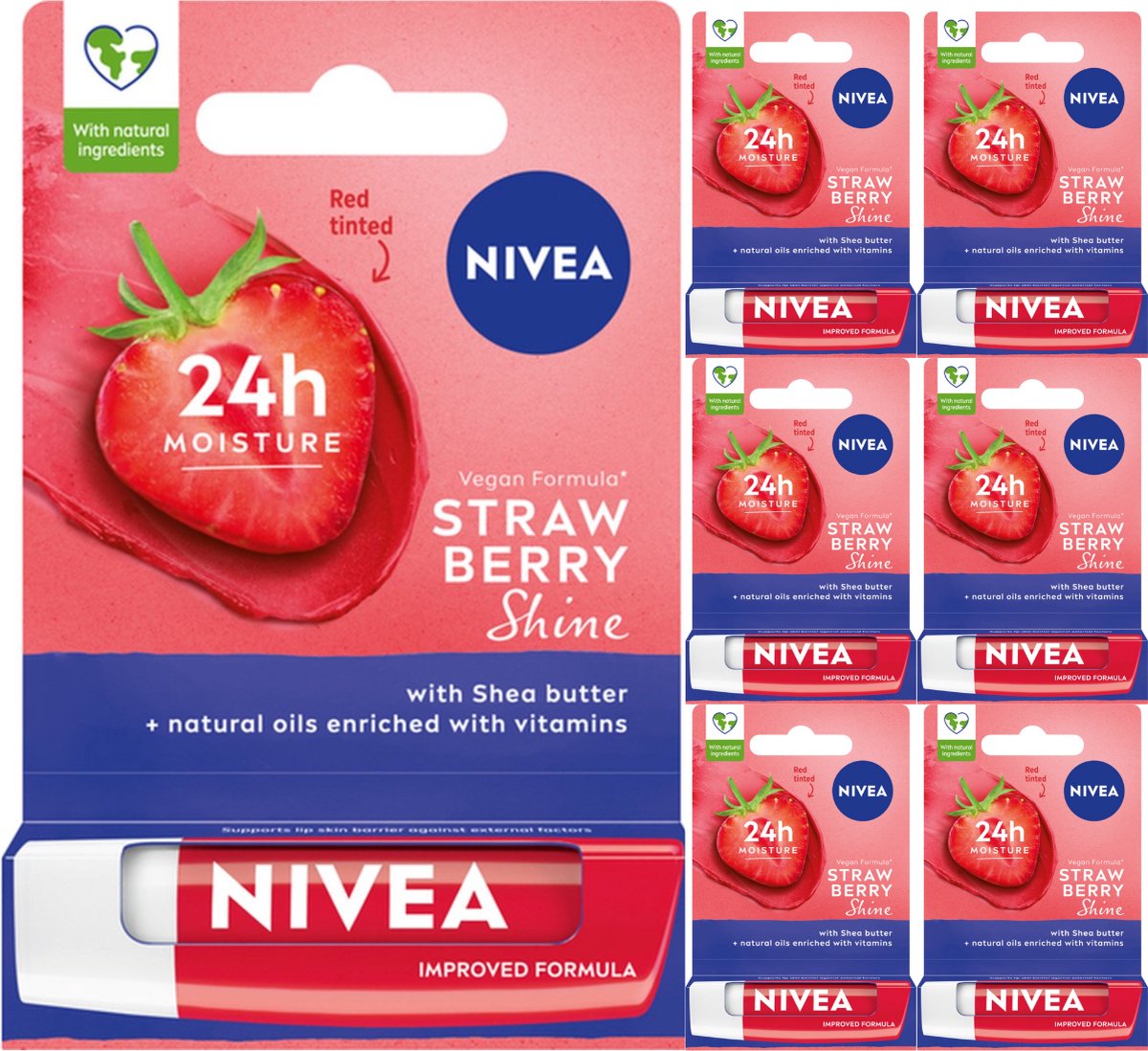 Goedkoopste Nivea Lippenbalsem Strawberry Shine - 6 x 4.8g - Verbeterde Vegan Formule - Shea Boter en Natuurlijke Olien Verrijkt Met vitaminen - Lipbalm