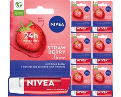 Nivea Lippenbalsem Strawberry Shine - 6 x 4.8g - Verbeterde Vegan Formule - Shea Boter en Natuurlijke Olien Verrijkt Met vitaminen - Lipbalm