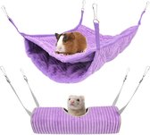 Hangmat voor kleine dieren, hangmat voor fretten, hangmat en tunnelkooi voor ratten, hamsters, eekhoorns, suikerzweefvliegtuig, cavia's, fret, hangtunnel voor kooi (paars)