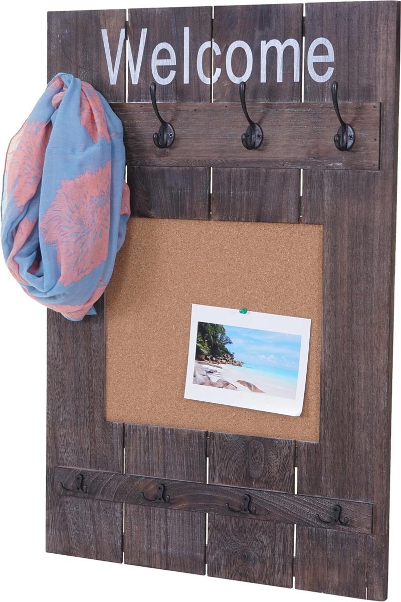 Cosmo Casa andkapstok - Met prikbord - Kledingkastpaneel - Shabby look vintage - 8 haken 91x60cm - Bruin - Shabby