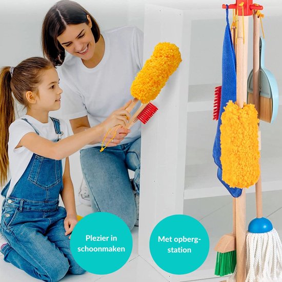 Anoush - Schoonmaak Set voor kinderen - Kids Speelgoed Cleaning Set - Houten Huishoudelijke Gereedschap - Mini Bezem/Stoffer/Mop/Plumeau/ Emmer - Montessori Onderwijs - Multicolor - Anoush