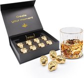 Catrinaz® Luxe whiskey stenen - Uniek Skull ontwerp - Tequila Stones - Whiskey stones - RVS - Premium kwaliteit - 8 stuks - Goudkleur - Ijstang - Fluwelen opbergzak - Gift box - Uniek cadeau - Vaderdag cadeau