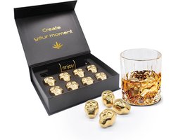 Catrinaz® Gouden Skull Whiskey Stones – 8 RVS Whiskey Stenen – Inclusief Ijstang & Fluwelen Zak – Luxe Giftbox | Vaderdag
