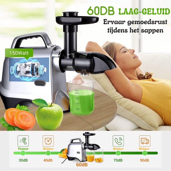 Sapcentrifuges Groenten En Fruit - Elektrische Sapcentrifuge voor Groenten en Fruit met Eenvoudige Reiniging, Achteruit-kauwfunctie, Stille Werking (60 dB), Eenvoudige Montage - Inclusief Reinigingsborstel en 2 Handige Kopjes — afbeelding 5