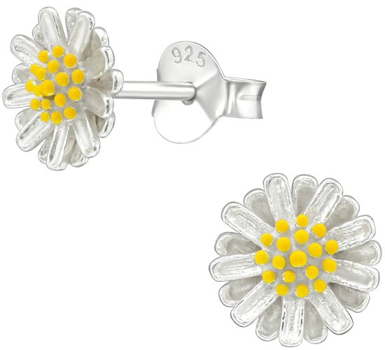 Joy|S - Zilveren bloem oorbellen - 7.5 mm - zilver met geel - oorknoppen