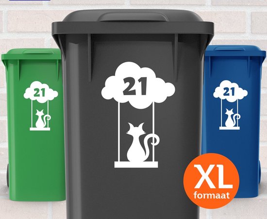 Container Stickers XL - Extra Groot A4 Formaat - Voordeelset 3 stuks - Kat / poes op Wolk met Huisnummer - Sticker voor Afvalcontainer / Kliko - Klikosticker
