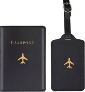 Paspoort hoesje met kofferlabel - Paspoorthouder - Bagage label - Vliegen - Vakantie - Zwart / Goud - PU leer - 11 cm x 17 cm