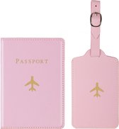 Paspoort hoesje met kofferlabel - Paspoorthouder - Bagage label - Vliegen - Vakantie - Roze / Goud - PU leer - 11 cm x 17 cm