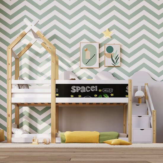 Stapelbed voor kinderen - huisthema - opberg- en valbeveiliging - 90 x 200 cm - 2x lattenbodems - naturel & wit (geen matras)
