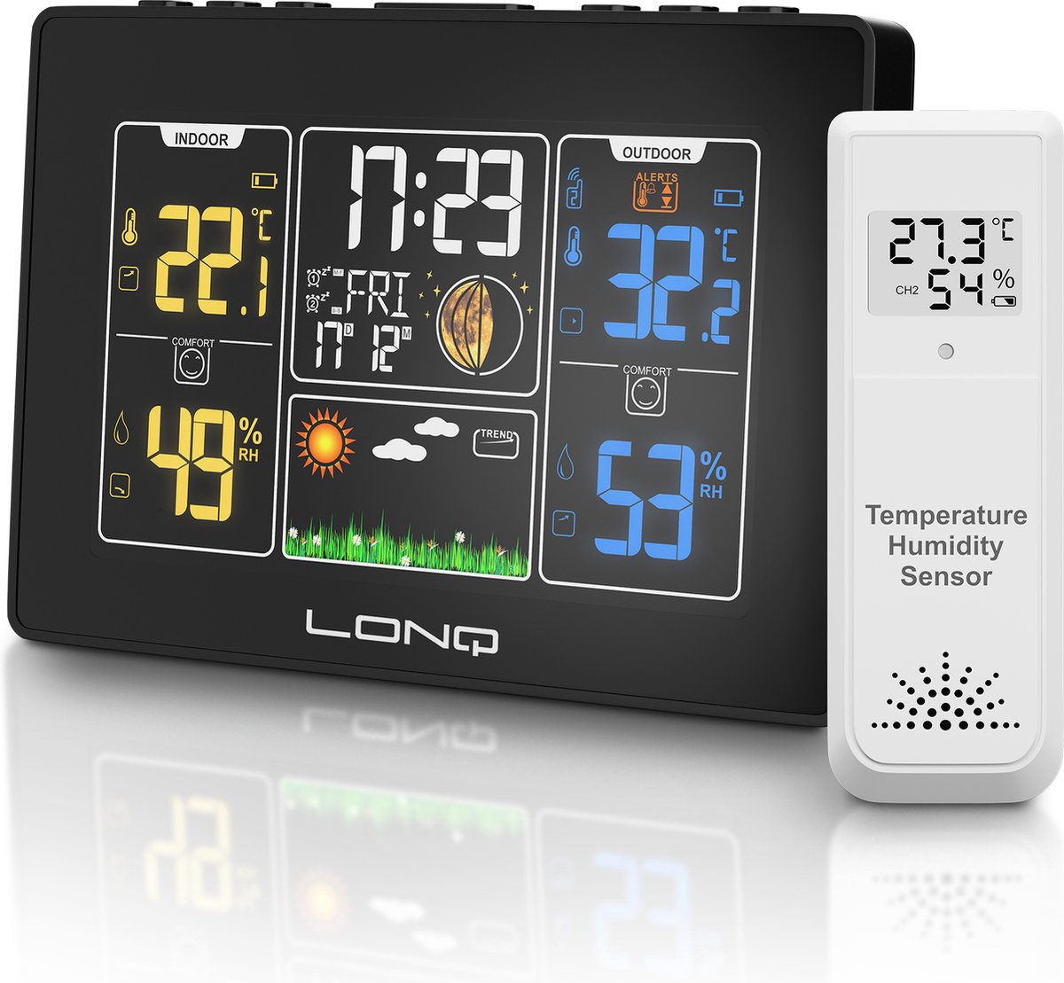 LONQ Weerstation Binnen en Buiten Q1 - Incl. Batterijen - Draadloos Weerstation met Buitensensor - Thermometer Hygrometer - 100 Meter Bereik - Kleurendisplay