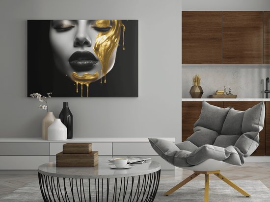 Canvas Schilderij Vrouw - Wanddecoratie - Vrouw met Gouden Verf - 150x100x2 cm