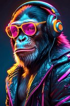 Chimpansee met Headset Poster | Apenposter | Grappige Poster | Abstracte Poster | Dierenposter | 61x91cm | Wanddecoratie | Muurposter | MT | Geschikt om in te lijsten