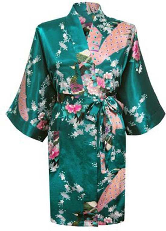 KIMU® Kimono Petrol Kort - Maat M-L - Yukata Satijn Boven de Knie - Korte Blauwgroen Ochtendjas Japanse Kamerjas Sexy Satijnen Badjas Geisha Dames Jas Festival