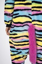 KIMU Onesie Regenboog Tijger Zebra Pak - Maat S-M - Tijgerpak Kostuum Dierenprint 158 164 - Gekleurd Kat Huispak Pyjama Dames Volwassenen Festival