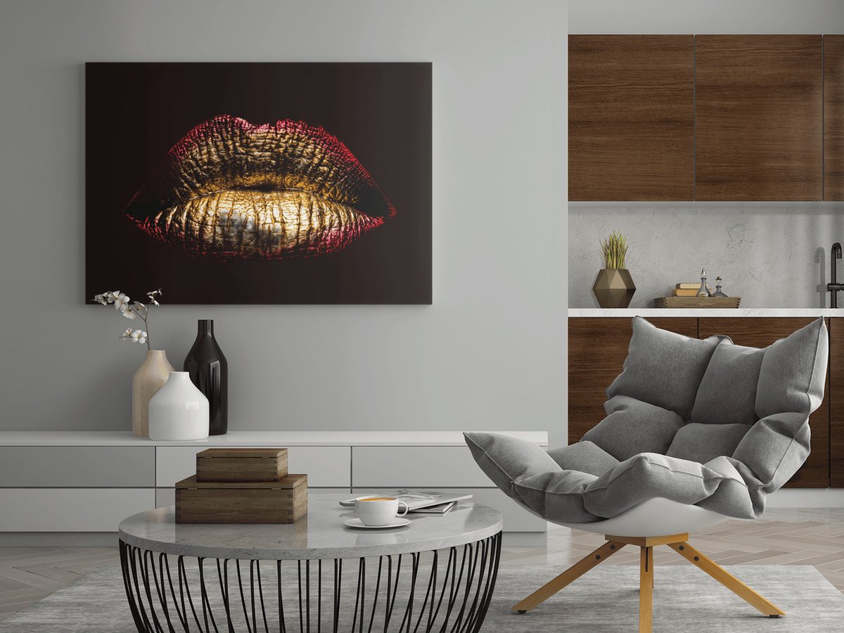 Trendex Global Canvas Schilderij - Vrouwelijk - Gouden - Lippen - Zwart - Goud - 90x60x2 cm