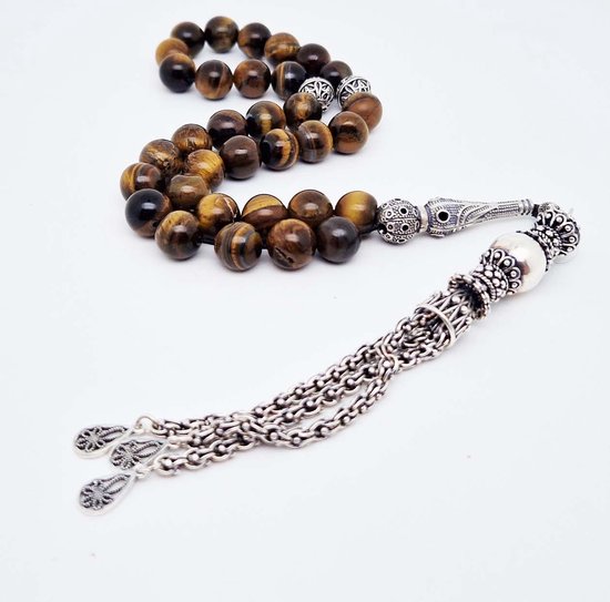 Handgemaakte Tasbih Zilver 925 en Natuursteen "Tijgeroog" - Diameter kralen 10 MM - met tassel "Zilver" -Mooi cadeau voor Moederdag, Vaderdag, vrienden en familie