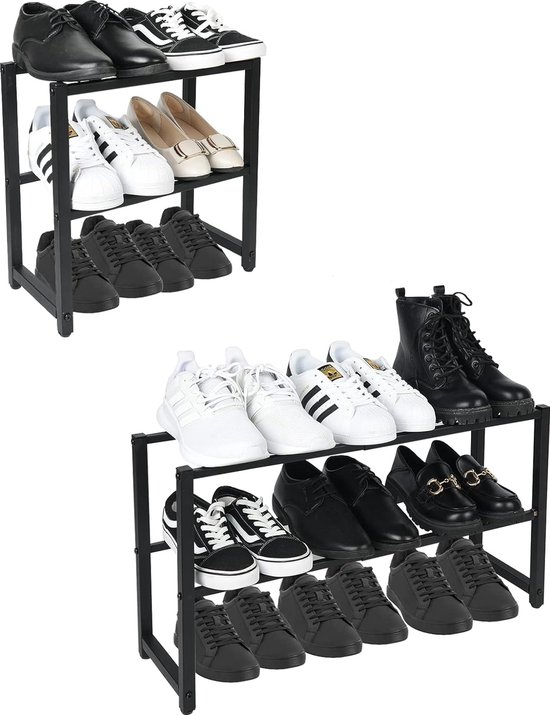 WOLTU Uitschuifbaar schoenenrek met 2 niveaus, metalen rek, ruimtebesparend, smal, organizer voor schoenen, entree, hal, slaapkamer, zwart