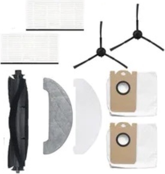 Set onderdelen voor robotstofzuiger: filters, borstels, dweilen, stofzakken.