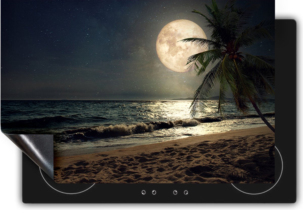 Chefcare Inductie Beschermer Tropisch Strand in de Nacht met Volle Maan - 70x55 cm - Afdekplaat Inductie - Kookplaat Beschermer - Inductie Mat