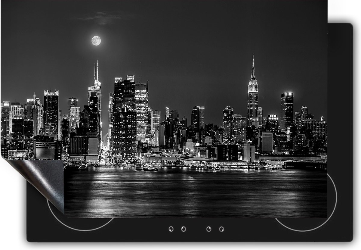 Chefcare Inductie Beschermer Verlichte Skyline van New York met Volle Maan - Zwart Wit - 80,2x52,2 cm - Afdekplaat Inductie - Kookplaat Beschermer - Inductie Mat
