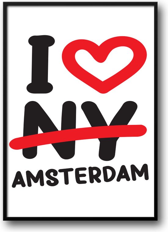 I Love Amsterdam fotolijst met glas 40 x 50 cm - Prachtige kwaliteit - steden - woonkamer - Harde lijst - Glazen plaat - inclusief ophangsysteem - Grappige Poster - Foto op hoge kwaliteit uitgeprint