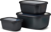 Cirqula Lot de 3 bols multi-bols rectangulaires Nordic Black – 750, 1500, 3000 ml – peut être utilisé comme boîte de conservation, boîte de réfrigérateur, boîte de congélation, vaisselle pour micro-ondes et bol de service avec couvercle.