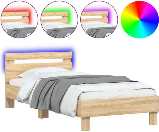 vidaXL - Bedframe - met - hoofdbord - en - LED - sonoma - eikenkleurig - 75x190 - cm