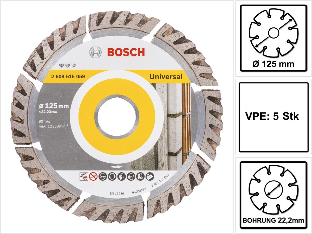 Bosch Standard voor Universele diamantdoorslijpschijf 125 x 22,23 mm 5 st. ( 5x 2608615059 ) voor beton, staal-beton, baksteen, kalk en zandsteen