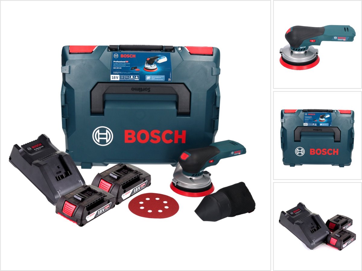 Bosch GEX 18V-125 Professional accu-excentrische schuurmachine 18 V 125 mm borstelloos + 2x accu 2,0 Ah + oplader + L-BOXX