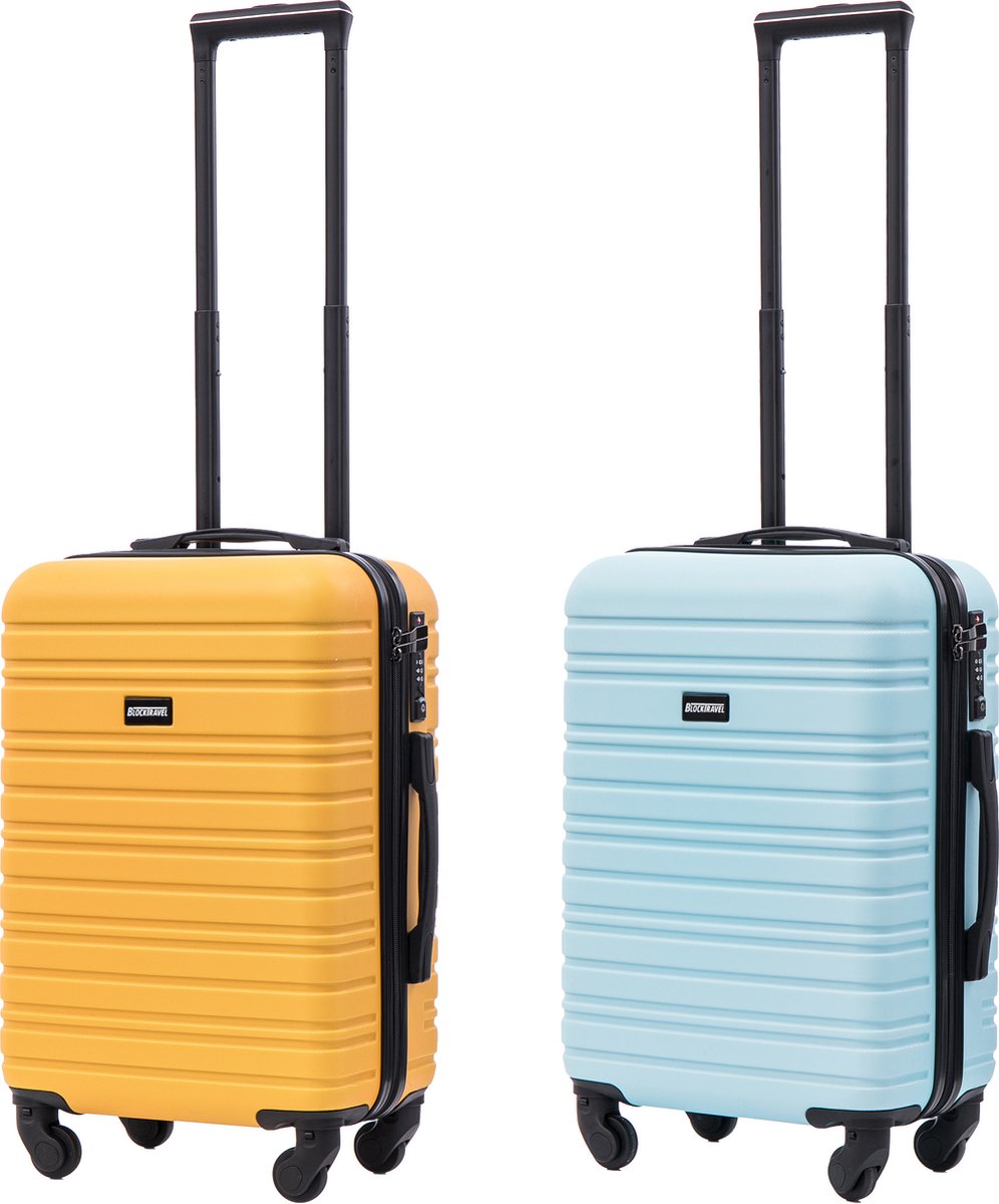 BlockTravel - kofferset - 2 delig - ABS - handbagage - met wielen afneembaar - 39 liter - inbouw TSA slot - geel - licht blauw