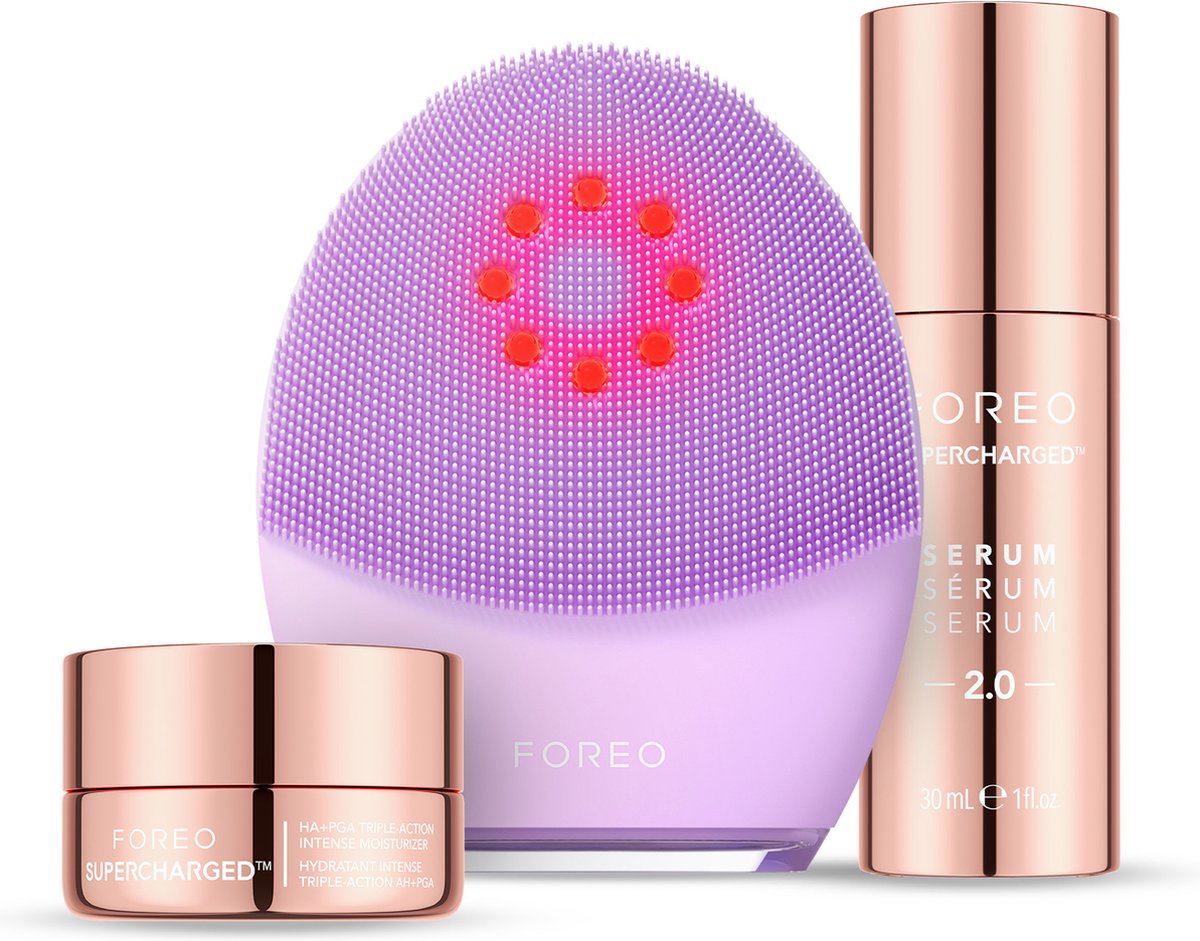 FOREO Firm & Clean Bundel LUNA 4 plus Gezichtsreinigingsborstel voor gevoelige huid + SUPERCHARGED Serum 2.0 30 ml + Hydraterend Nachtmasker 15 ml NIR-lichttherapie Microcurrent Gezichtsapparaat