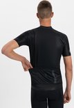 Zwarte fietsjersey voor heren, met korte mouwen, op de achterkant drie zakken en een gestreept logo.