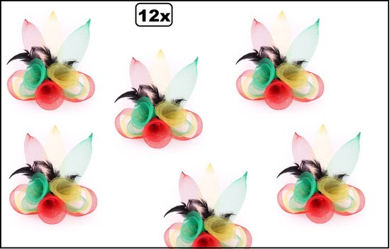 12x Broche tule 3 bloemen met veertjes rood-geel-groen - Thema feest carnaval party festival evenement