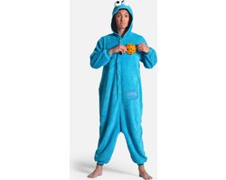 KIMU Onesie Koekiemonster Pak - Maat L-XL - Koekiemonsterpak Kostuum Blauw Sesamstraat - Pyjama Huispak Jumpsuit Dames Heren Muppets Fleece Halloween