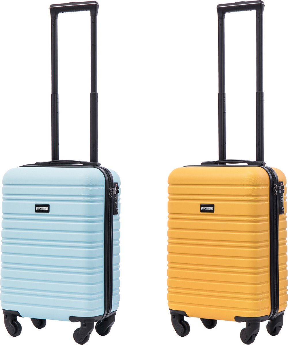 BlockTravel - kofferset - 2 delig - ABS - handbagage - met wielen afneembaar - 29 liter - inbouw TSA slot - licht blauw - geel