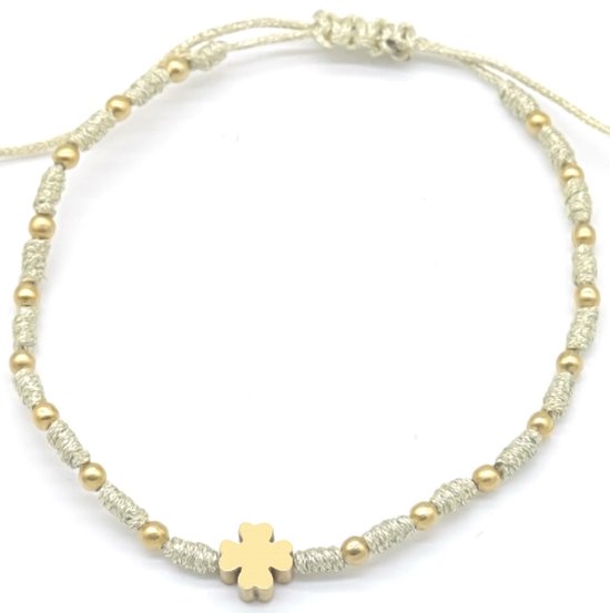 Bracelet en Tissus Femme - Perles et Trèfle en Acier Inoxydable - Cordon - Corde - Longueur Ajustable - Doré et Beige