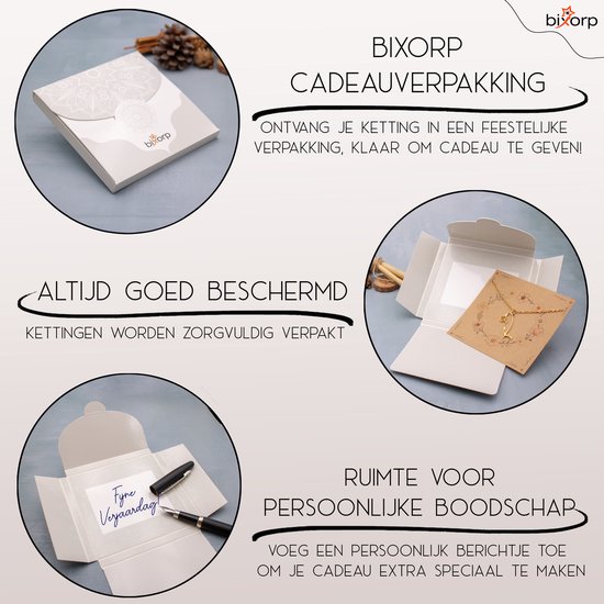 Bixorp cadeauverpakking met een ketting in feestelijke verpakking, klaar om cadeau te geven.