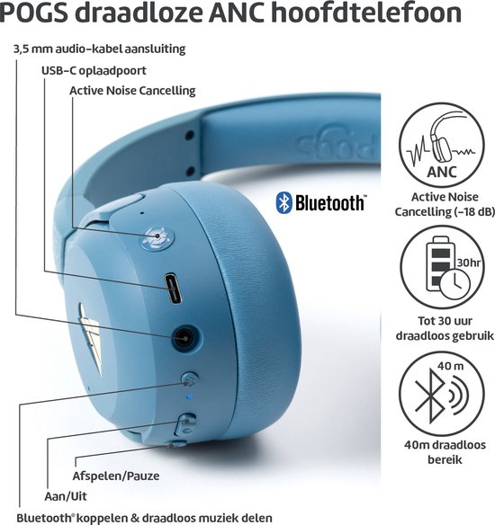 POGS - The Turtle - Draadloze over-ear koptelefoon met Noise Cancelling - Bluetooth - Veilige volumebegrenzing - Duurzaam - Gratis app voor extra functies - rBlauw