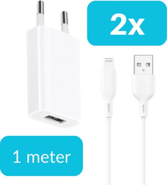 Gmedia 2x Oplader geschikt voor iPhone 8 / 9 / X / XR / 11 / 12 / 13 / 14 - Inclusief USB naar Lightning Kabel - USB adapter - Wit